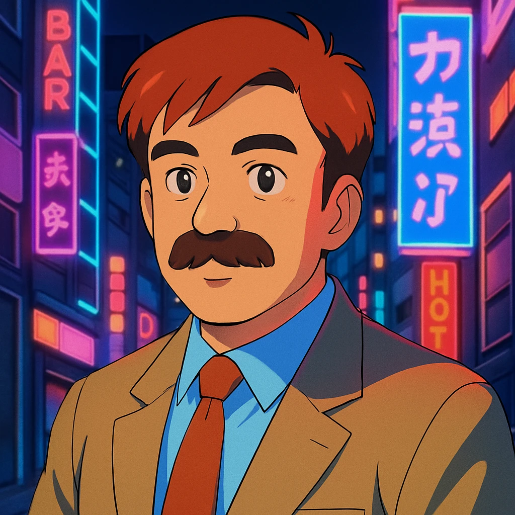 Add a neon city background, keep the 90's anime style and all original colors and lighting emoji