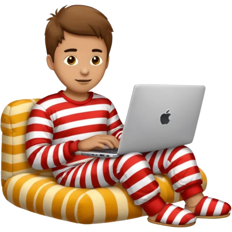 man in striped pajamas and fuzzy slippers typing on a laptop, emoji style emoji