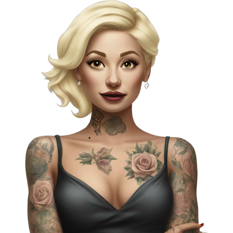 Blonde elegant women, her Body Covered with Tattoos, POINTING YOU with her HAND , Hyper realistic emoji