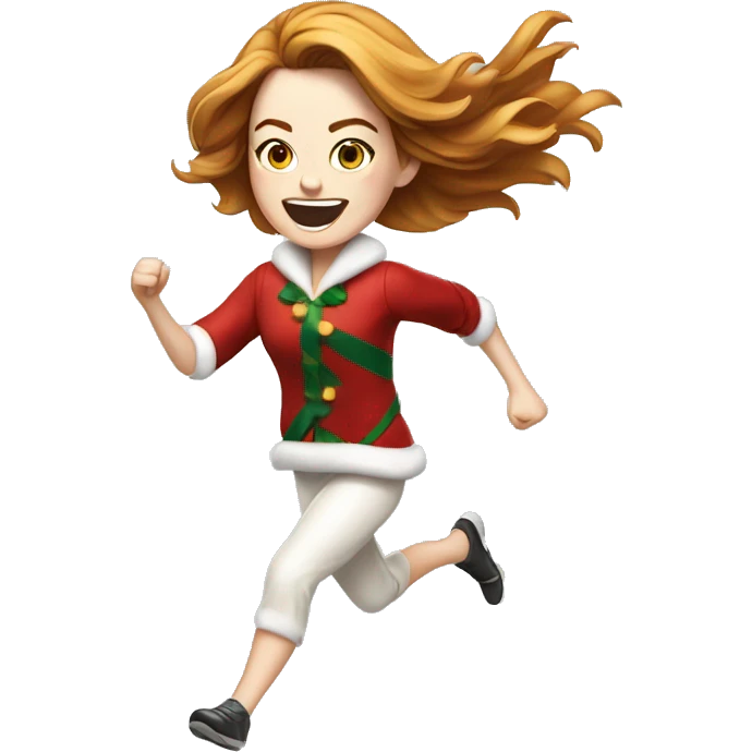 Emma Stone running, with a large stride and arms outstretched, long golden brown hair, wearing an Christmas outfit emoji