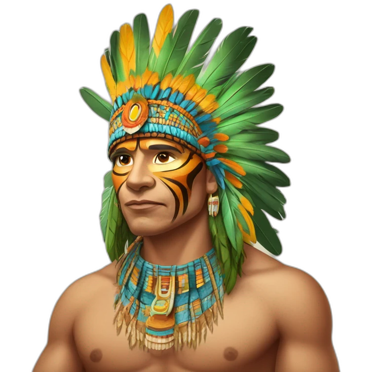 Chamán indígena con corona de plumas de guacamayo y collares de colmillos de tigre emoji