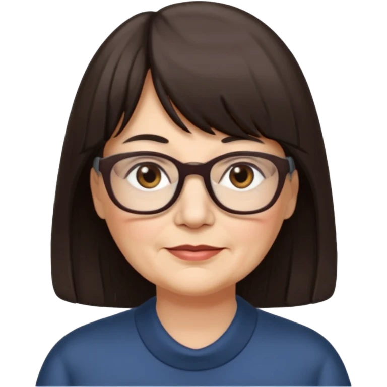 60 yr old woman, long hair, very small brown eyes, long hair, straight dark brown hair, bangs, chubby, long face emoji