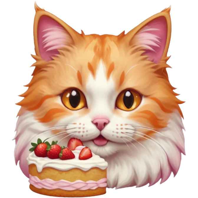 Close-up portrait of a fluffy cat eating a strawberry cake, pink cream on its nose and whiskers, detailed fur texture, soft natural light, shallow depth of field, high resolution, cute and candid moment
, emoji