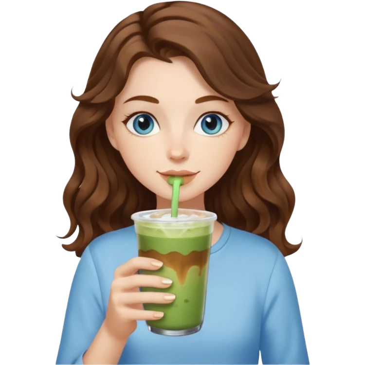 White girl with blue eyes, brown wavy hair drinking iced matcha latte emoji