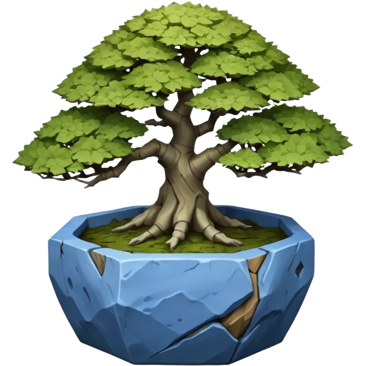Korean very old broken Stone Age 35-sided polyhedron-shaped shallow dark moss rough bark blue maple tree bonsai pot emoji