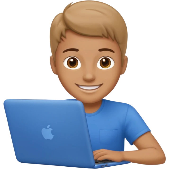 a person smiling while work on a blue laptop emoji