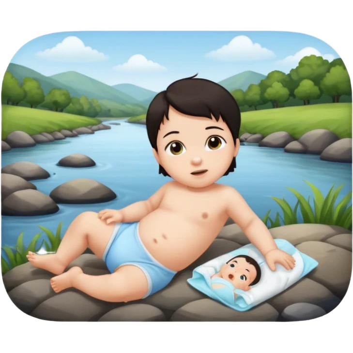 baby dark hair lying on ground by a river emoji