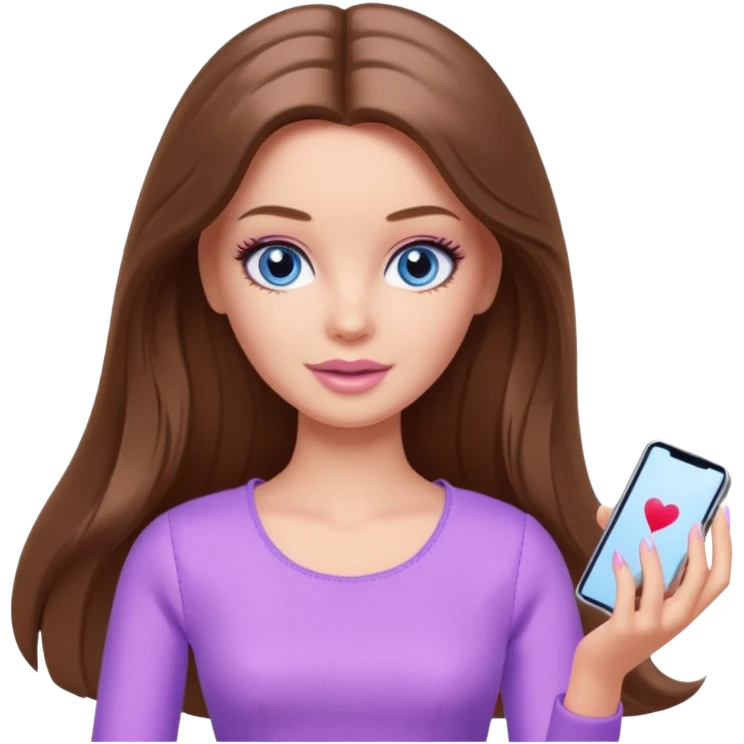 beautiful barbie girl with long brown hair, blue eyes and wearing light purple clothes playing games emoji