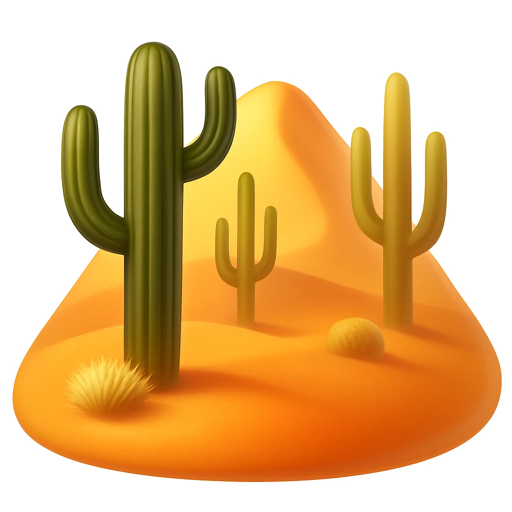 Create a desert emoji in the style of iOS emojis. The shape should be a sand mountain instead of a square, keeping the same cacti, sand, and colors. The sand mountain should be smooth and shiny with a slight blush added to the sand. emoji