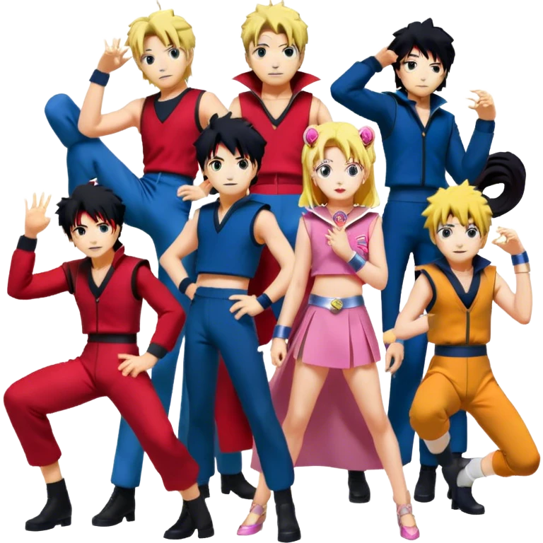 Icon for Anime Collage: Vibrant close-up collage Characters from Cowboy Bebop, Naruto, Bishoujo Senshi Sailor Moon and Kimetsu no Yaiba, each in their iconic poses and vibrant outfits, blended together with dynamic backgrounds. Transparent background. emoji