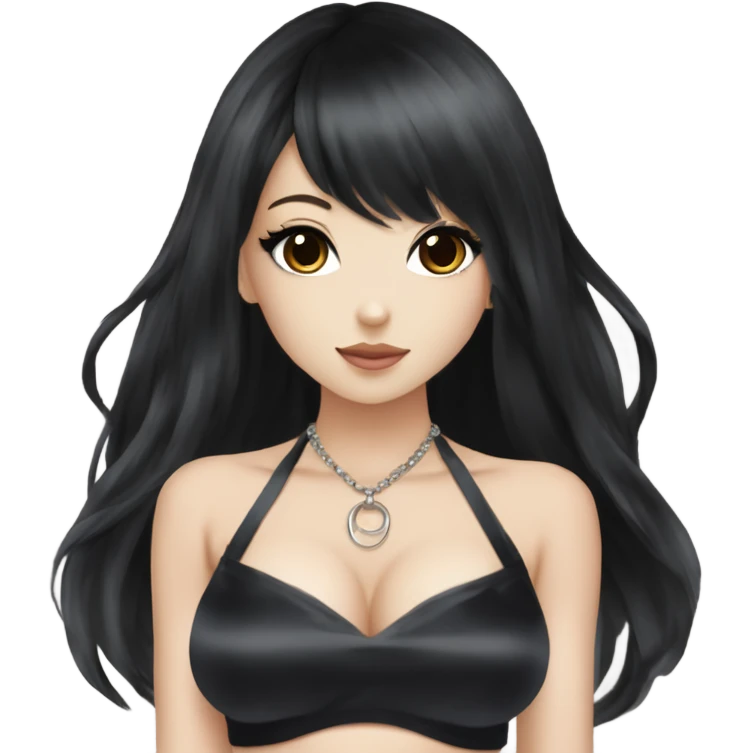 hime gyaru girl with LONG SILKY BLACK HAIR, with black satin halter top with chest, very pale skin and pretty brown monolid eyes emoji