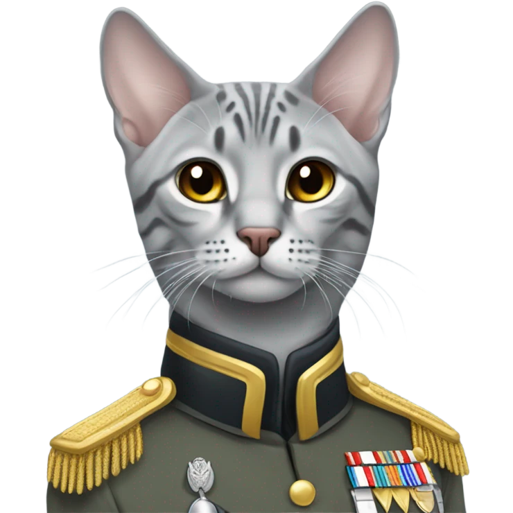 A grey Egyptian Mau with a military general uniform emoji