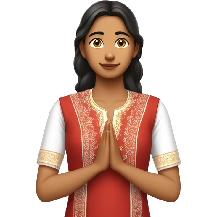 A teenage girl wearing plain white embroidered v  neck kurty, with no designs . She is also wearing red modi jacket. She is joining her hands and praying  emoji