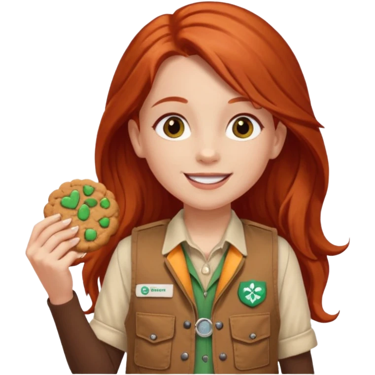 happy white girl scout with red long hair selling cookies with a brown Girl Scout vest and white shirt under vest. She should be around 10 years old emoji