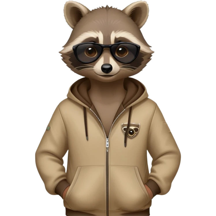 friendly anthropomorphised raccoon in a Sopranos-style mafia tracksuit, wearing dark sunglasses, confident pose emoji