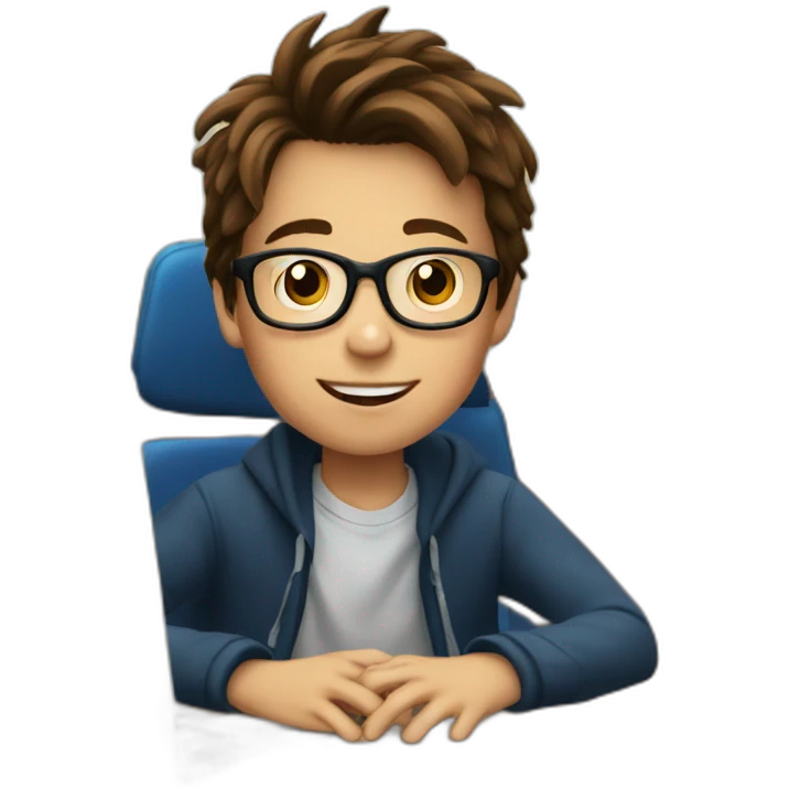 a 12-year-old boy with brown hair and glasses is sitting at a table near a computer screen emoji