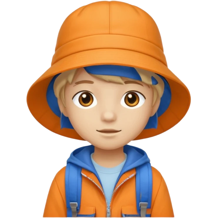 A little student with beige bucket hat, orange jacket, blue backpack emoji