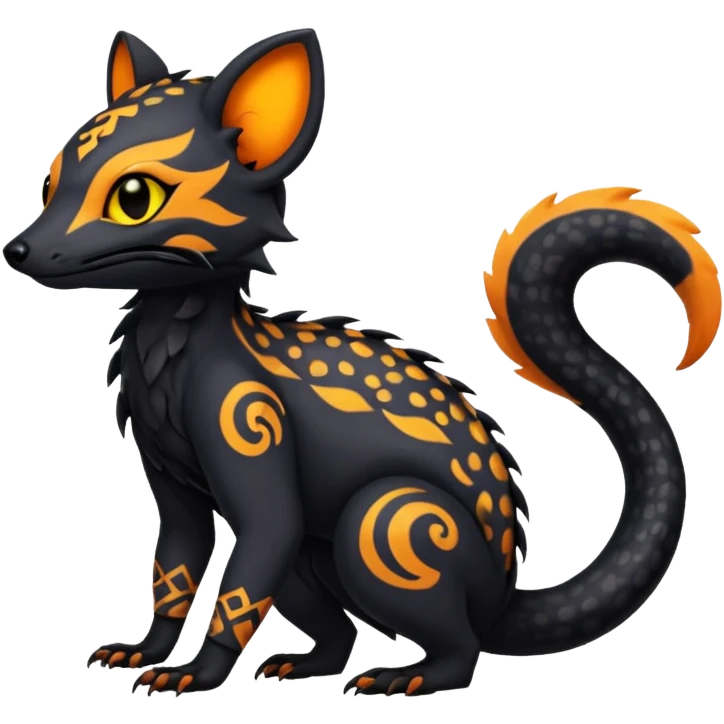Rare warm-colored exotic gloomy tropical edgy cute epic aesthetic spooky  gothic colorful Salandit-Noibat-Civet-species-Fakemon-hybrid-creature, with tribal tattoo markings, full body emoji