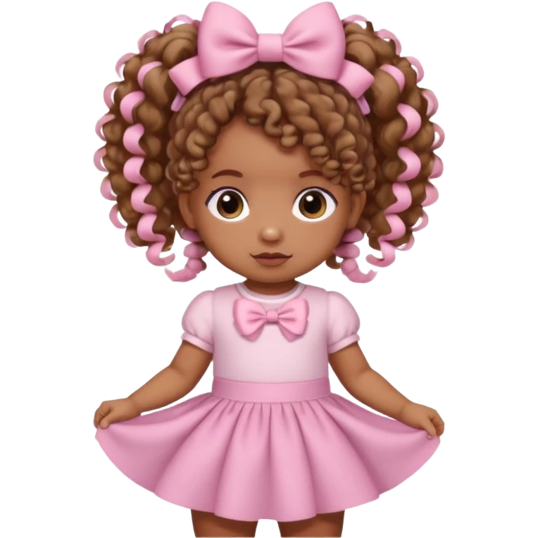 a brown skin baby with curly hair and a baby pink skirt and baby pink bows with her hair in pigtails emoji