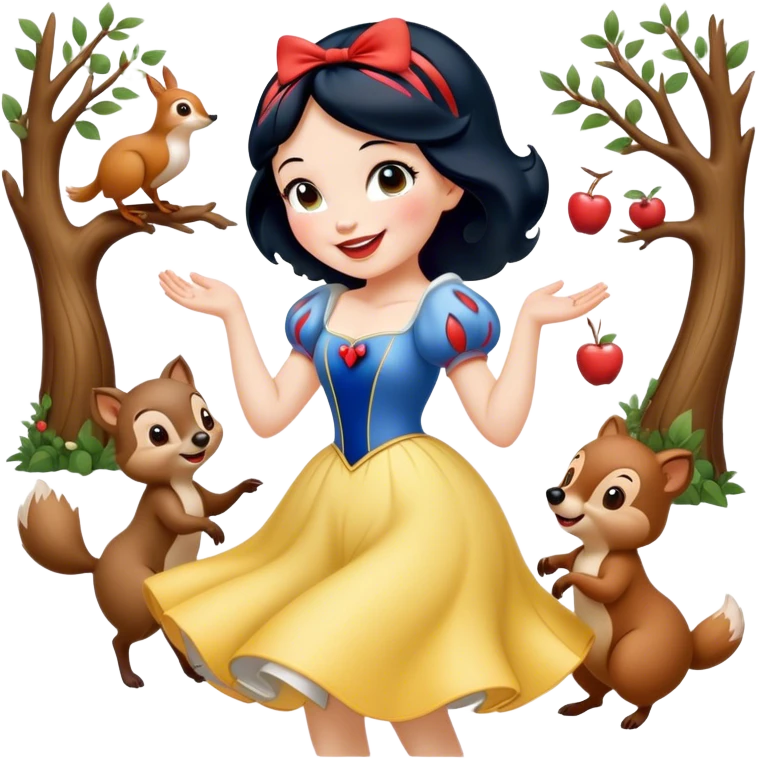 Cinematic Playful Snow White Portrait Emoji, Laughing while dancing with woodland animals, dress twirling gracefully, a whimsical sparkle in her eye, radiating charm and pure delight! emoji