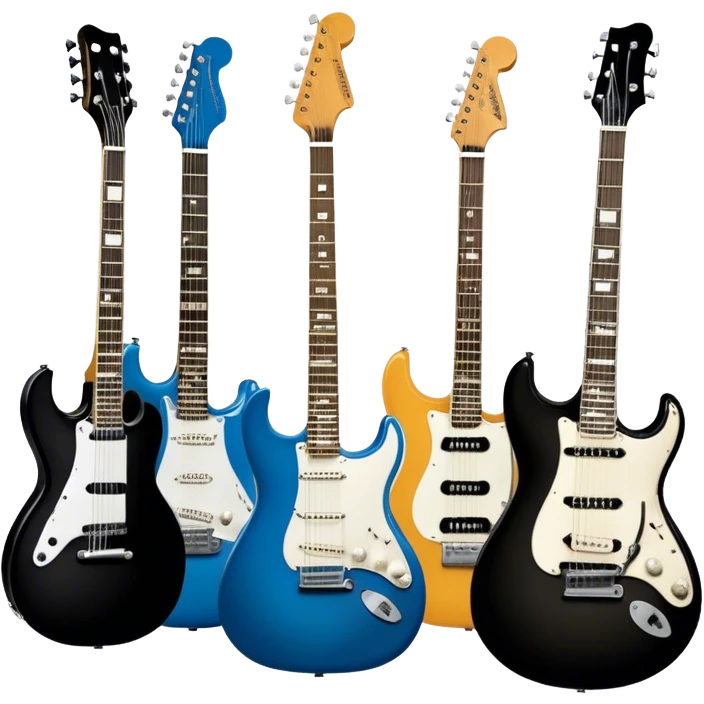 Icon for Blues Music: close-up collage of legendary blues artists. Gary Moore, Eric Clapton, B.B. King and Joe Cocker. Represented by silhouettes or symbolic items like guitars, microphones, or music notes, reflecting the soulful energy of blues music. Transparent background. emoji