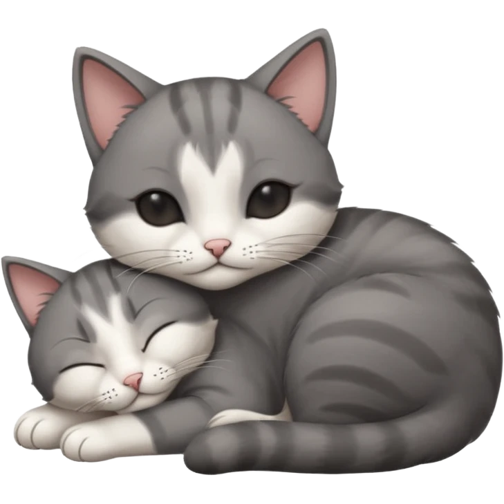 dark grey and white small cat with his eyes closed leaning his head on his paw while leaning on his elbow lying down emoji