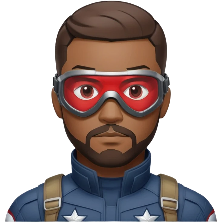 sam wilson with a very short hair close to the scalp and  a well-groomed beard that connects to his mustache,  wear sleek, red-tinted tactical goggles fit snugly from captain america: civil war emoji