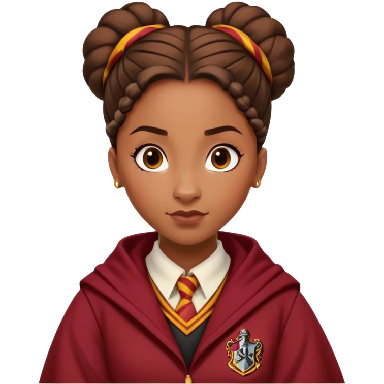 Tiana Benjamin is Angelina Johnson in harry potter, wear hogwarts gryfindor uniform,  thick, brown knot bun hair , reflecting her bold, stylish, and strong personality emoji