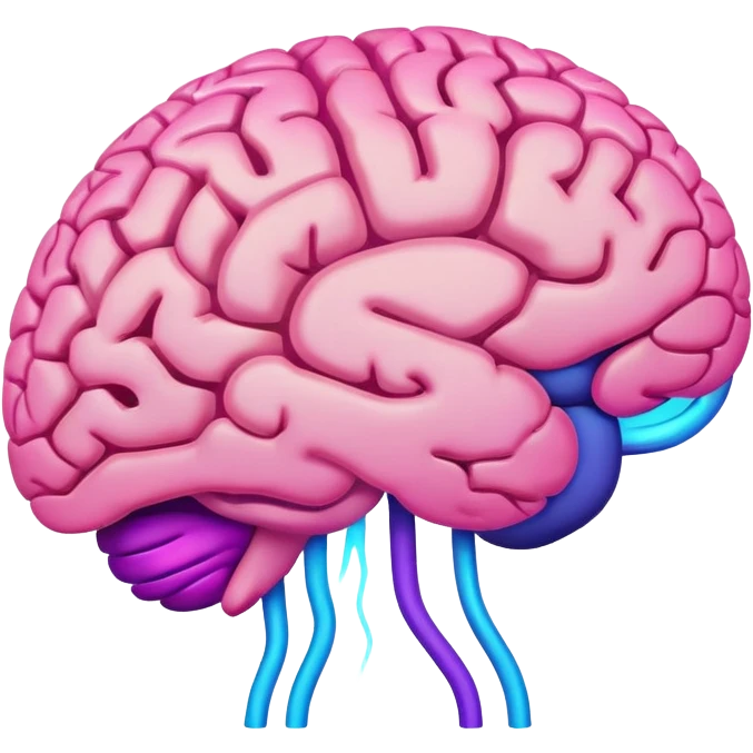 brain in regular pink/flesh color, with neon glow effect, blue neon glow on top left, purple neon glow on bottom right emoji