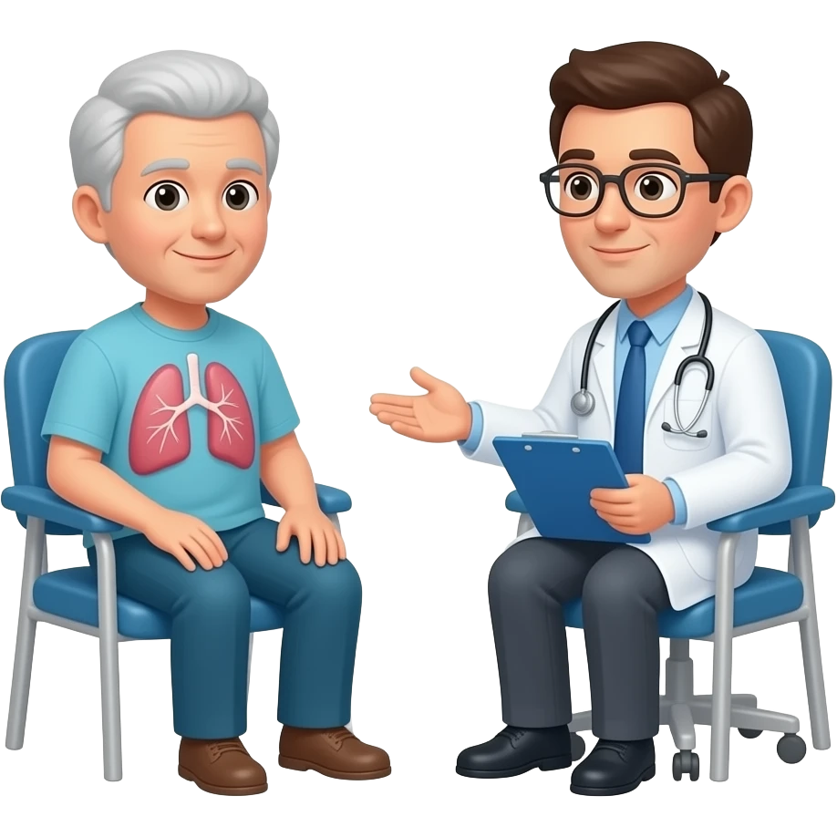 paciente con cáncer de pulmón en consulta hospitalaria con médico emoji