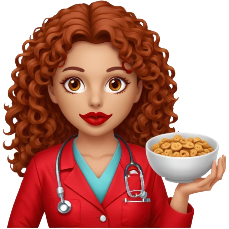 Sensual Spanish Lilith core evil surgeon.red outfit.  Surgeon has hazel eyes. Her hair is BROWN. Hair is also  long and  curly. wearing a sexy surgeon outfit with platform heels.she is a calculated smart cereal killer. She covers only her mouth and nose to hide identity  emoji
