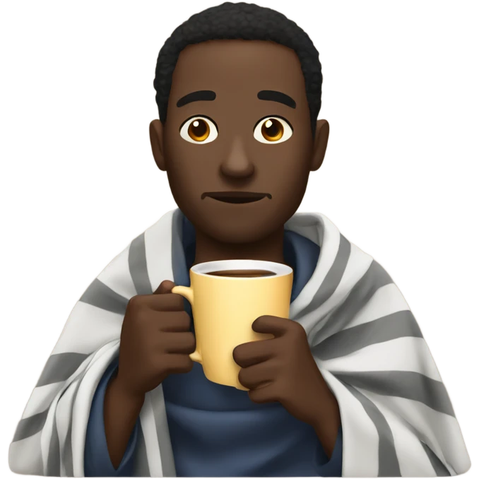 Black man with blanket  sipping a hot coffee emoji