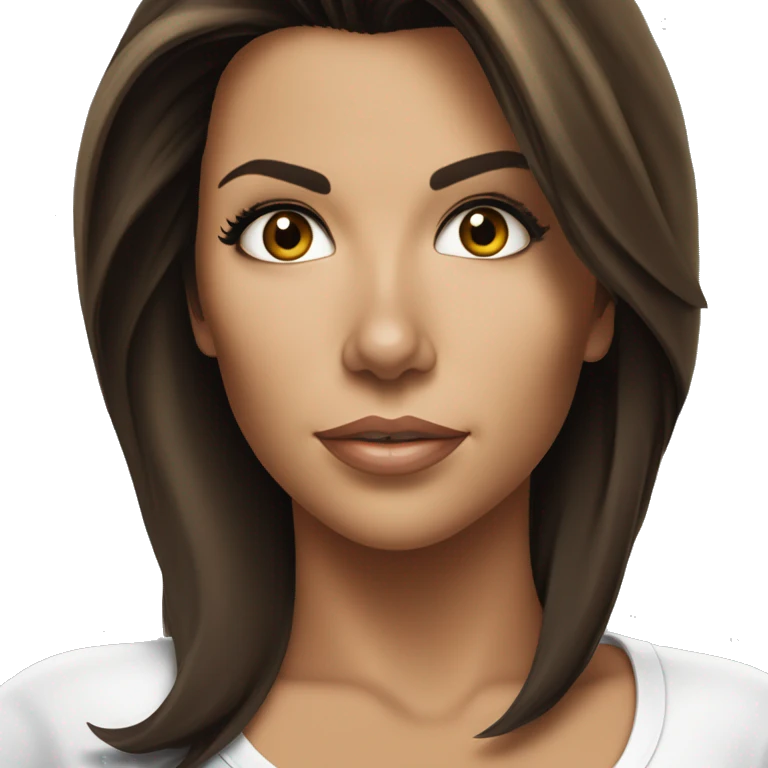 3/4 face, contrasted, shadow, light, Eva Longoria expression, standing, thin nose, brunette woman, hazel eyes, long eyelashes, dark shoulder shaded hair, white t-shirt, jeans, white sneakers emoji