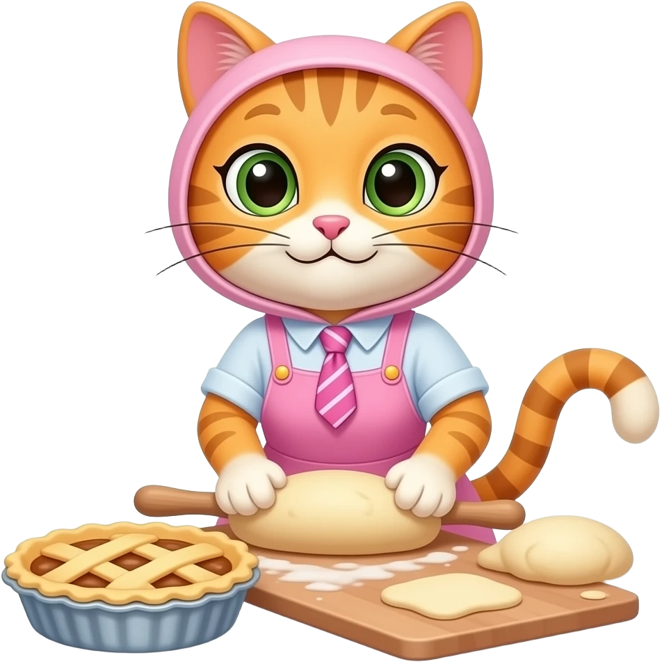 Cartoon mother cat wearing a pink dress and a tie around it's head making a pie emoji