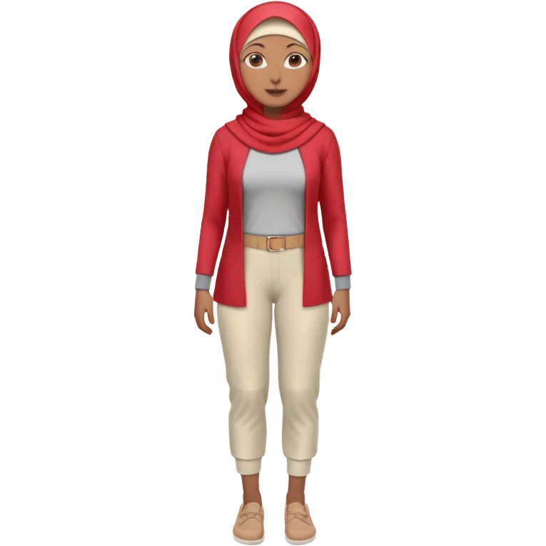 woman with medium-brown skin wearing a light red hijab, cream top, light red pants, tan shoes, and a visible gray below-knee hook-shaped prosthetic leg. Standing confidently with one hand on her hip emoji