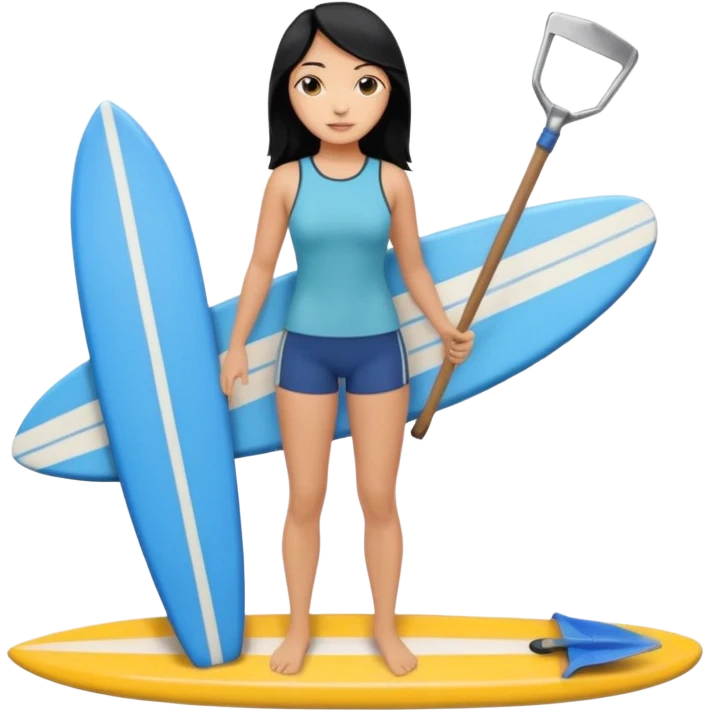 Surfer(woman) black hair holding her cell phone and long garden shovel with another hand. Under her feet, there is one blue surfing board. emoji