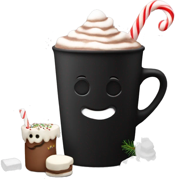 christmas black colour cup with hot chocolate and marshmallows with more Christmas details in the cup emoji