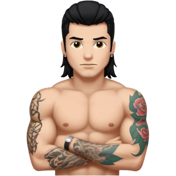 a guy with mullet and tattoos. Black hair.lean but Muscled emoji