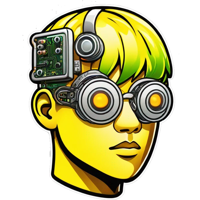 Neon yellow short hair Asian male cyborg head with silver steampunk goggles and circuits emoji