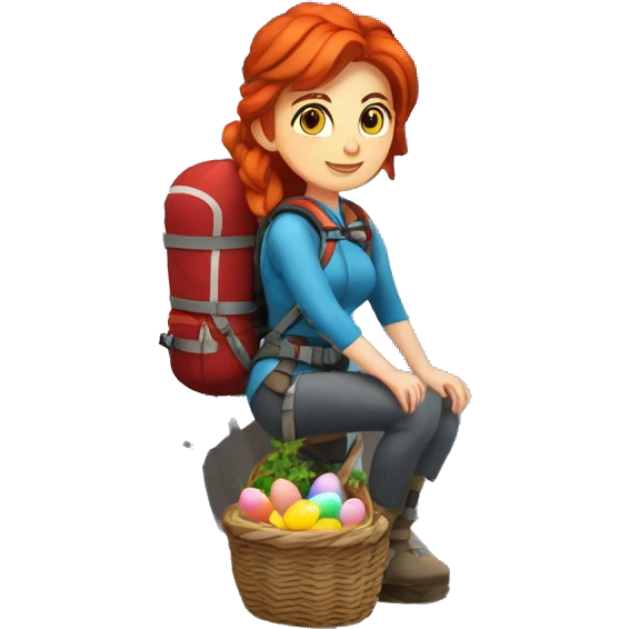 Female winter mountain climber red hair white skin climbing with Greek and EU flags and Easter eggs basket emoji