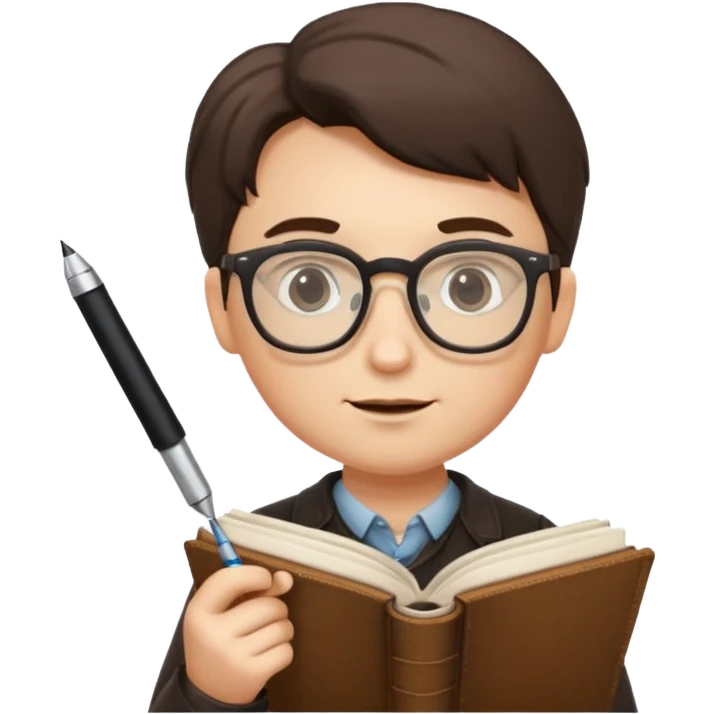 writer holding pen in hand and closed book in other hand, wearing glasses emoji