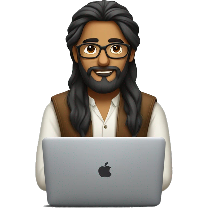 indian man long hair in bun, beard, glasses with macbook computer  emoji