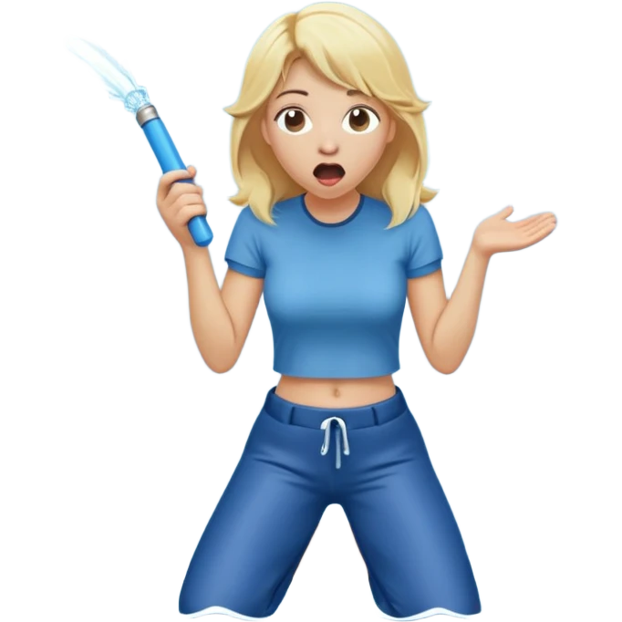 cartoonish blond woman kneeling with surprised expression, a wide cartoonish stick with a D-shaped knob coming out of a pair of pants hanging in front of her face, water stream squirting from the flat side of the knob into her open mouth emoji