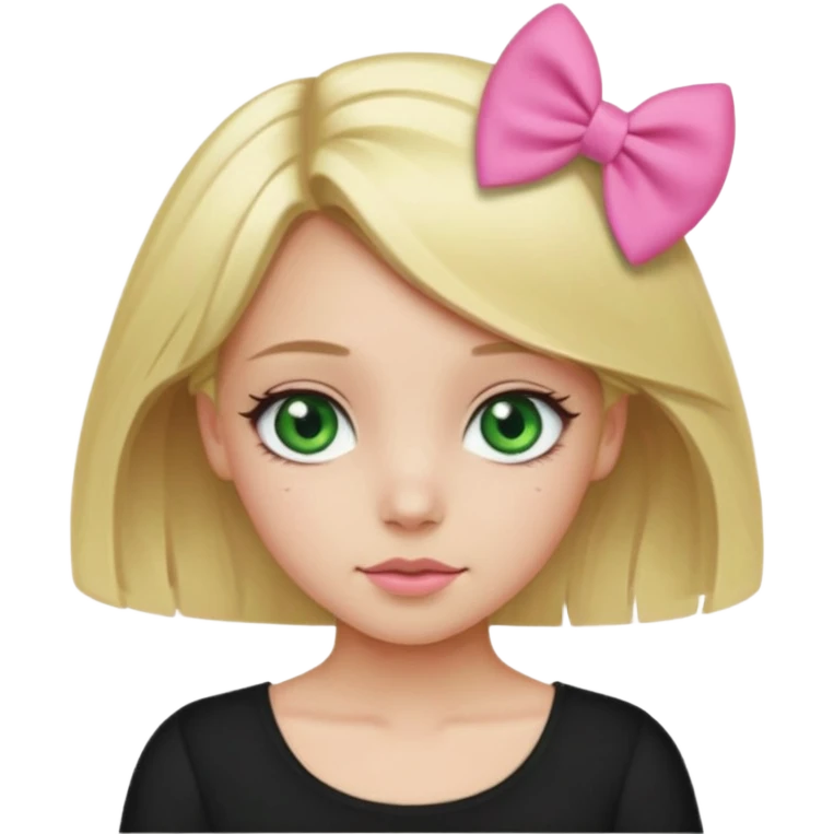 blonde girl middle part, pink bow in hair, plain black top, green eyes. emoji