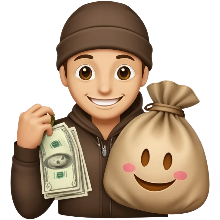 happy thief with a money bag and a big smile emoji