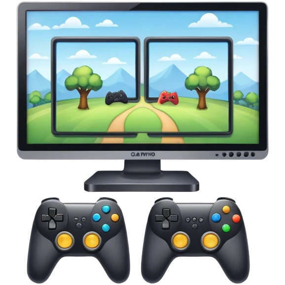 An icon showing two monitors with gaming interfaces, connected by a wire. Each monitor displays a different game screen, with two gamepads placed nearby, symbolizing multiplayer gameplay. transparent background. emoji