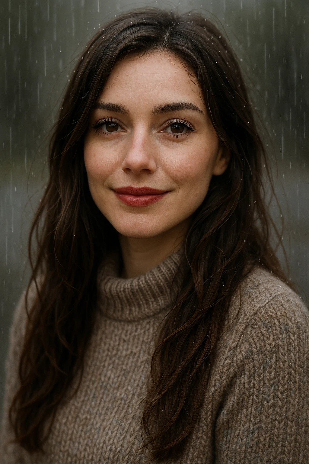 white woman with long brown hair and brown eyes, wearing a sweater, smiling in the rain, with long eyelashes and red lips emoji