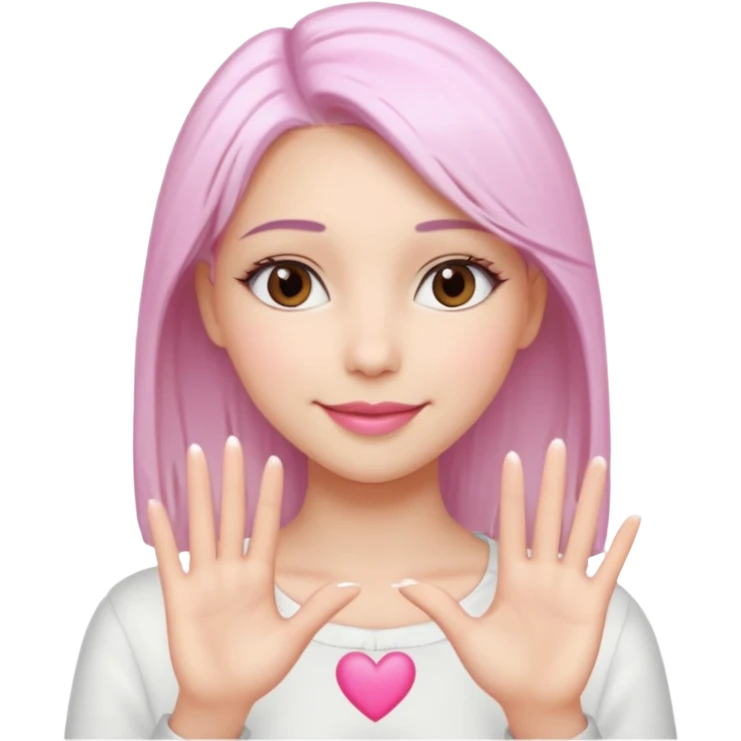 Beautiful girl. Platinum-colored hair just below the shoulders, straight, brown eyes, sweet smile. Hands in the shape of a heart. emoji