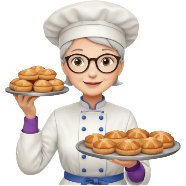Older female pastry chef – round glasses, oven mitts on, holding a tray of pastries.

 emoji