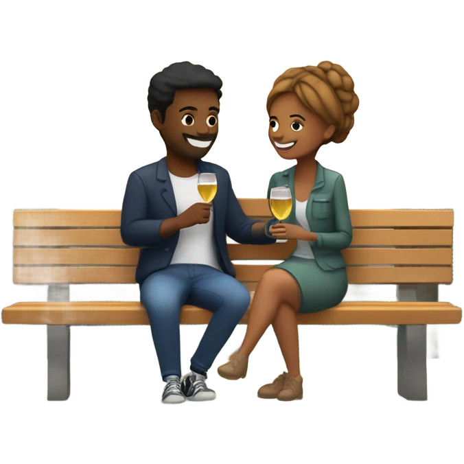 couple sitting closely on a park bench, enjoying a romantic moment. One person is holding a croissant, and the other is holding a glass of Prosecco. Surround them with a relaxed atmosphere, such as greenery or flowers, to create a cozy and intimate vibe emoji